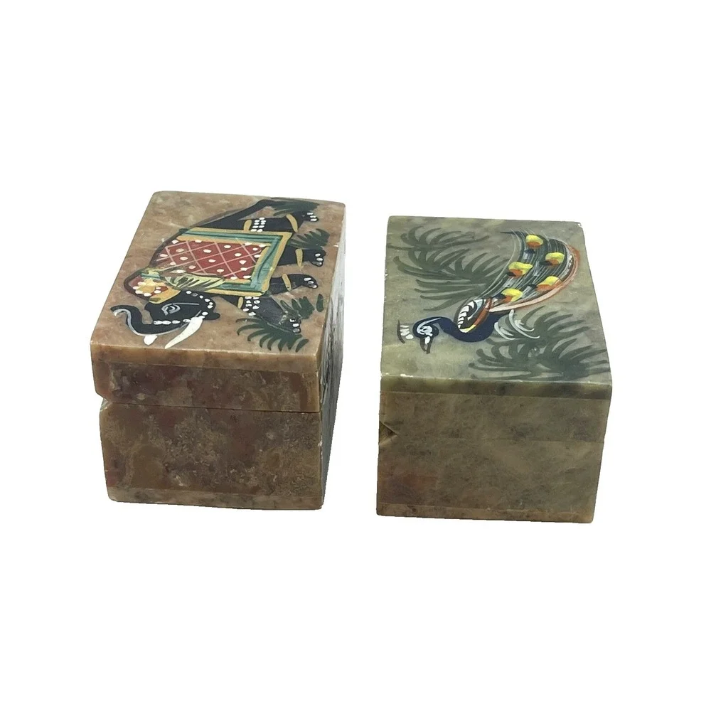 Hand Painted Handmade Soapstone Elephant & Peacock Trinket Jewelry Boxes Set
